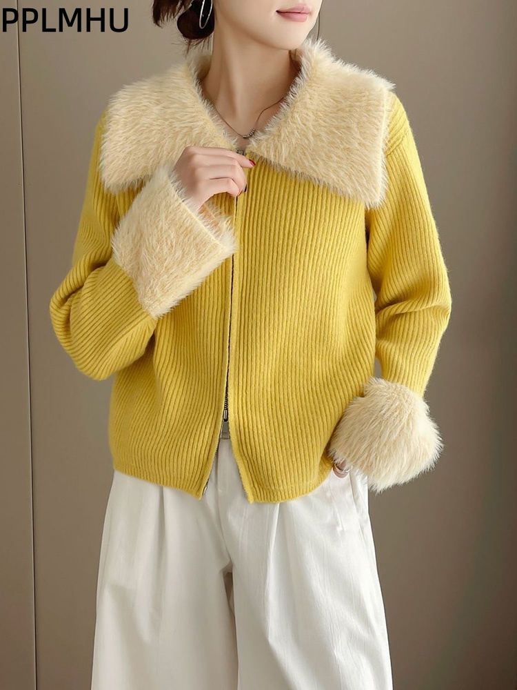 Women'S Fashion Gilet - Zippers Turn-Down Collar Spliced Knitted Sweater