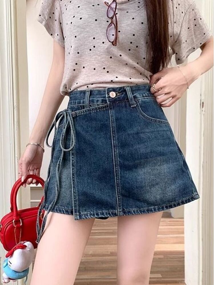 Women High Waist Denim Skort L - Denim Shorts Women 评论和价格