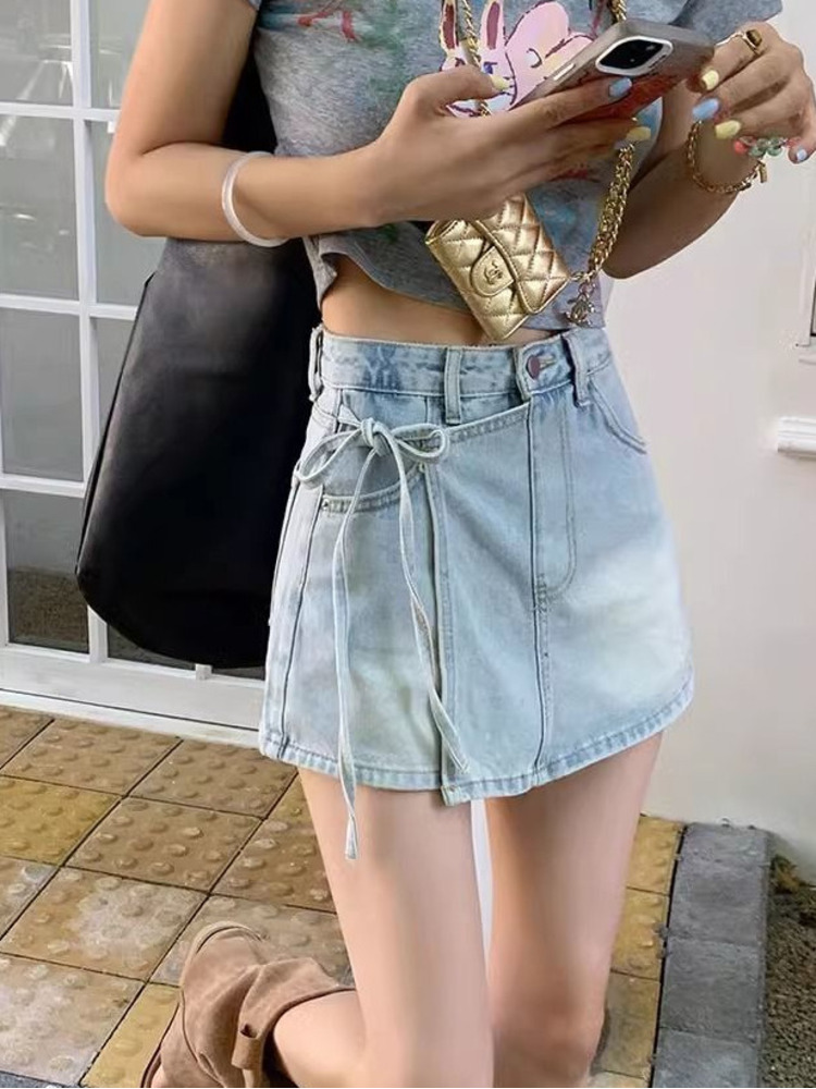 Women High Waist Denim Skort L - Denim Shorts Women 评论和价格