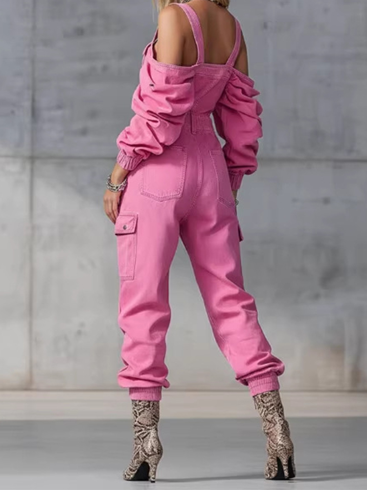 Fashion Vintage Denim Jumpsuit - Women'S Fashion Vintage Off Shoulder Long Sleeve Jumpsuit 评论和价格