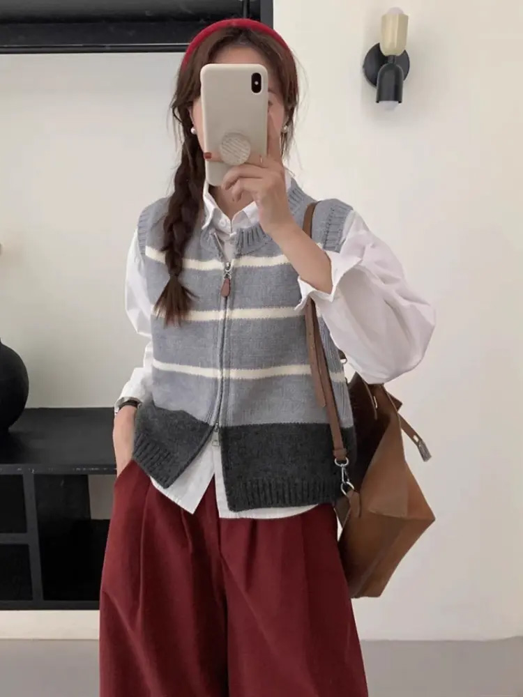 Striped Zipper Cardigan Knitte - Women'S Fashion Gilet 评论和价格