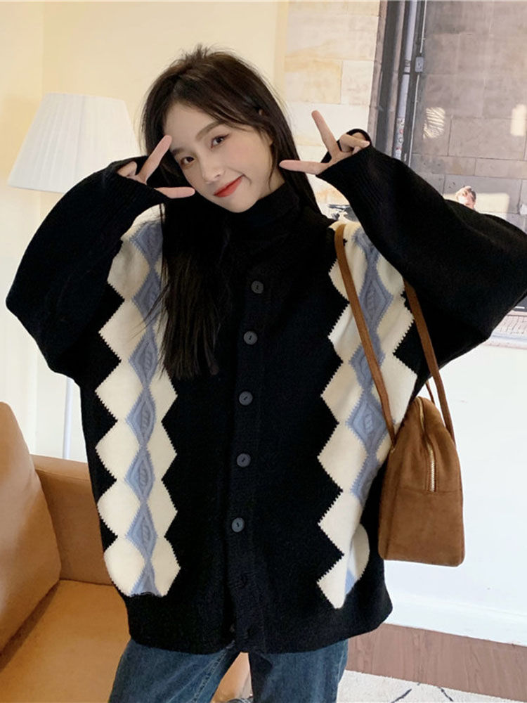 Baggy Fashion Diamond Grid Kni - Women'S Fashion Gilet 评论和价格