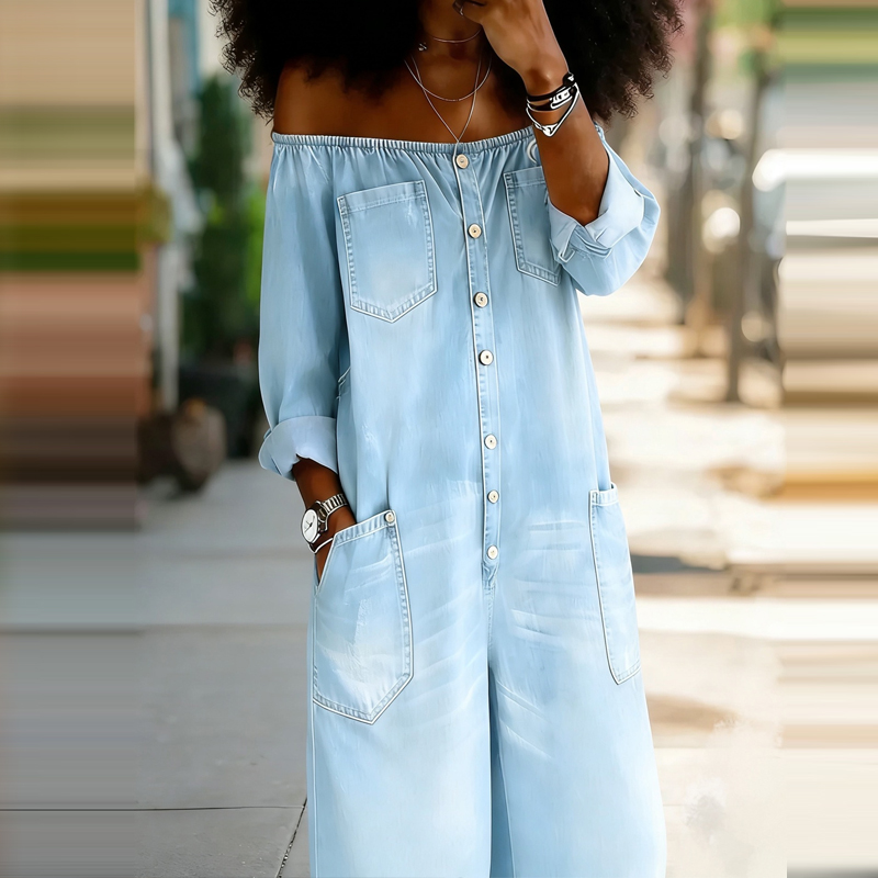 Elegant Off Shoulder Solid Den - Women'S Fashion Vintage Off Shoulder Long Sleeve Jumpsuit 评论和价格