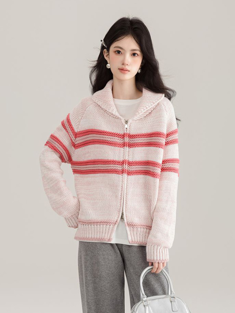 Turn-Down Collar Striped Knitt - Women'S Fashion Gilet 评论和价格