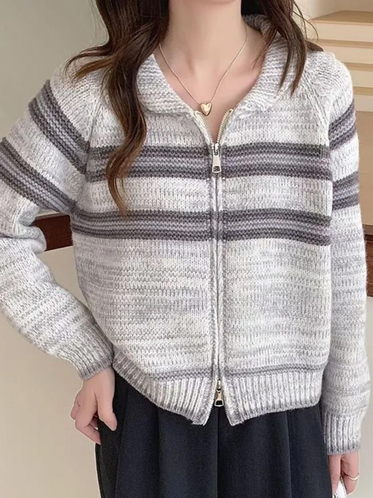 Turn-Down Collar Striped Knitt - Women'S Fashion Gilet 评论和价格